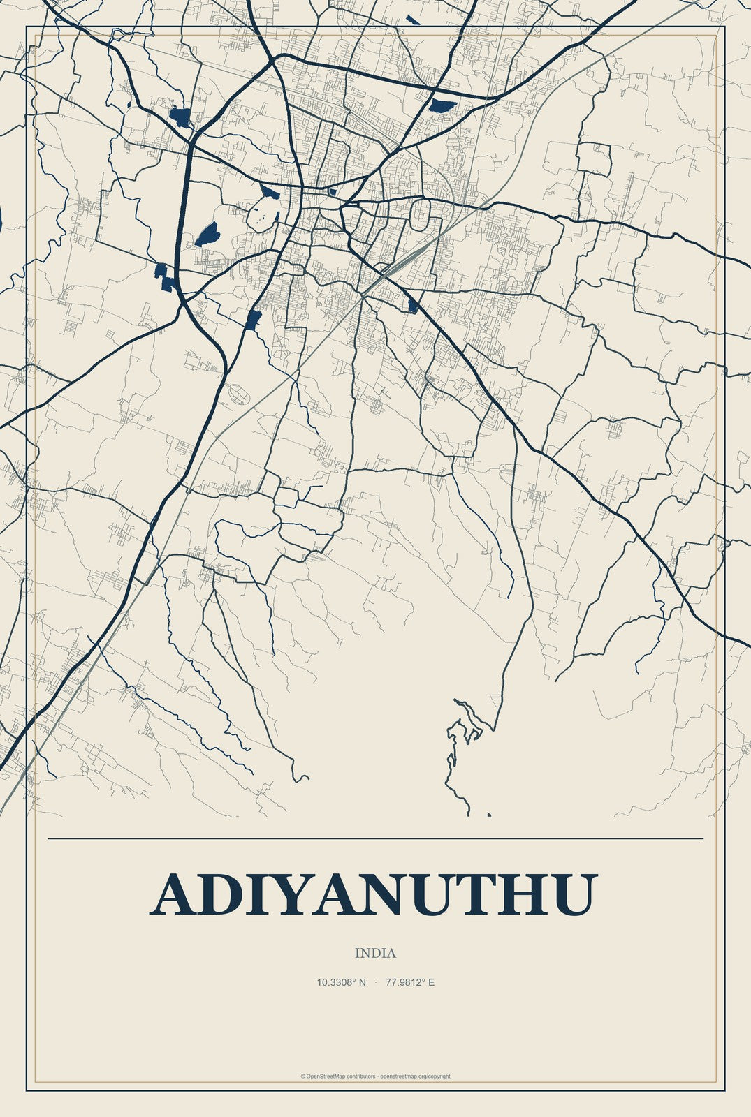 Adiyanuthu, India City Map Aluminum Sign in Coastal Cutout style