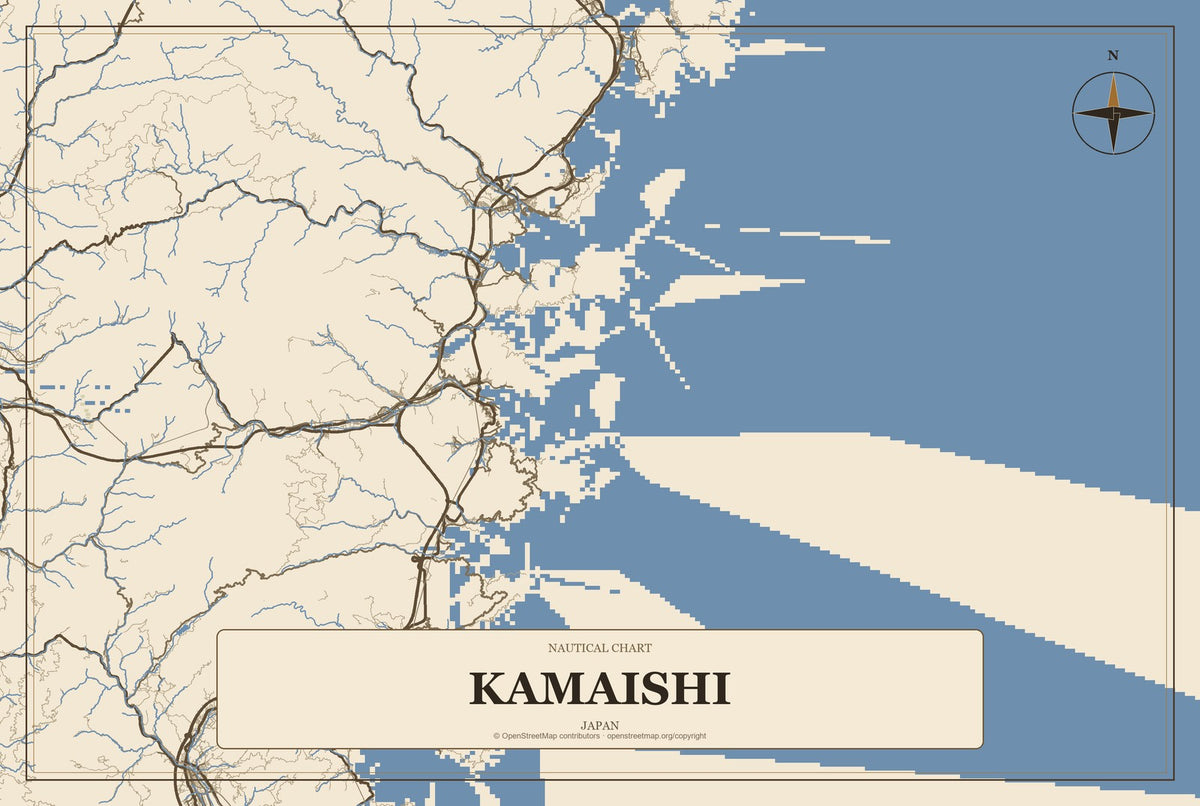 Kamaishi, Japan City Map Aluminum Sign in Heritage Nautical style