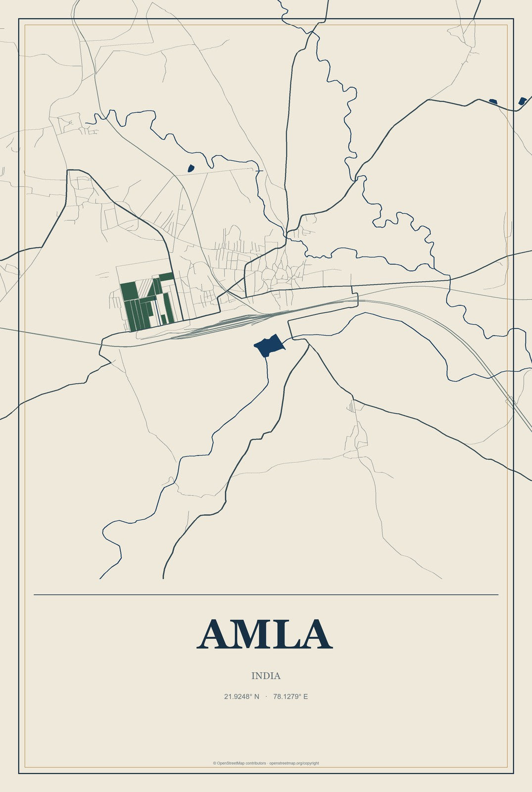 Amla, India City Map Aluminum Sign in Coastal Cutout style