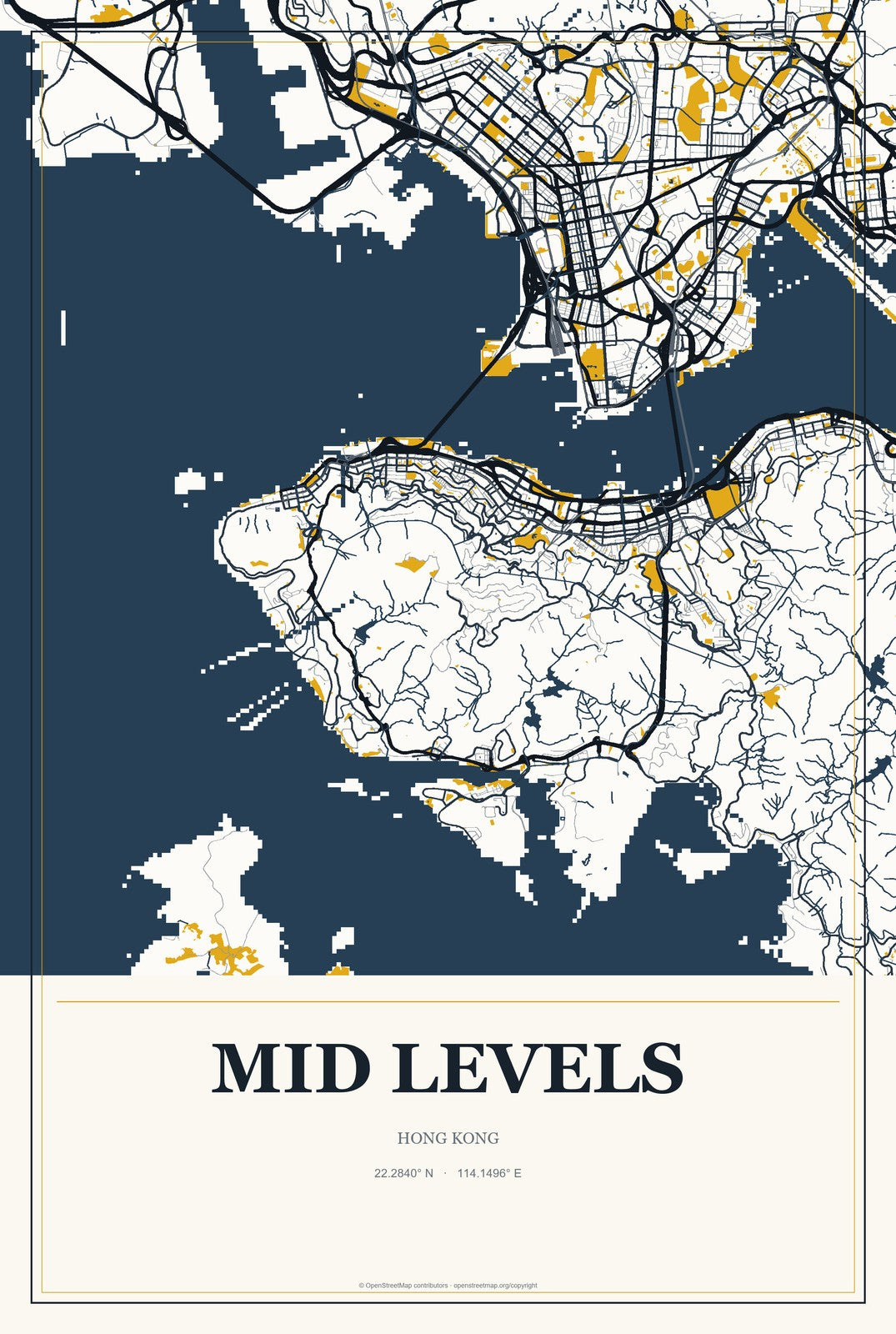 Mid Levels, Hong Kong City Map Aluminum Sign in Citrine Modern style