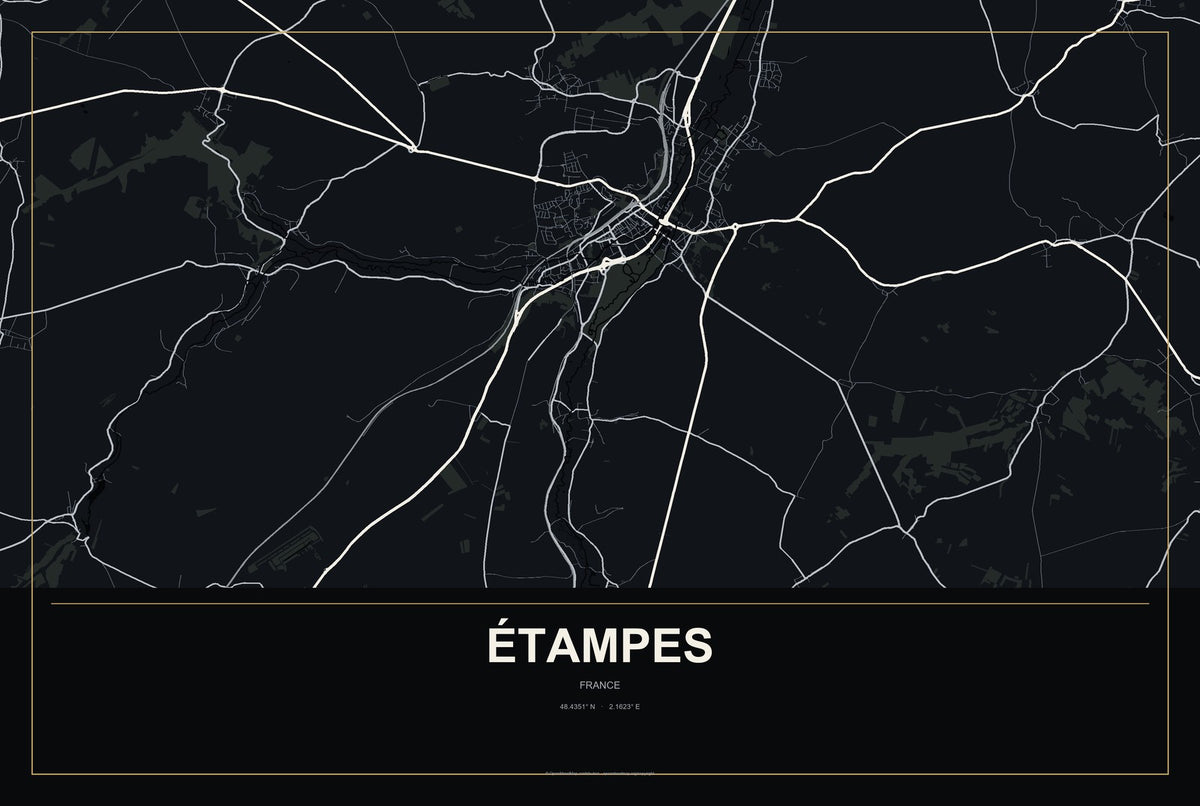 Étampes, France City Map Aluminum Sign in Metropolitan Noir style