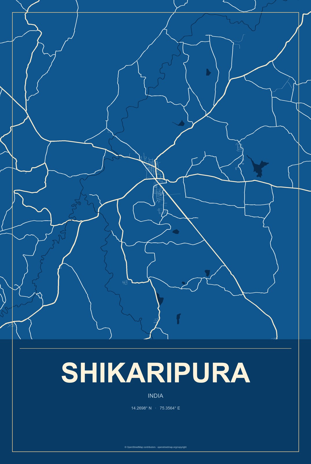 Shikaripura, India City Map Aluminum Sign in Harbor Cobalt style