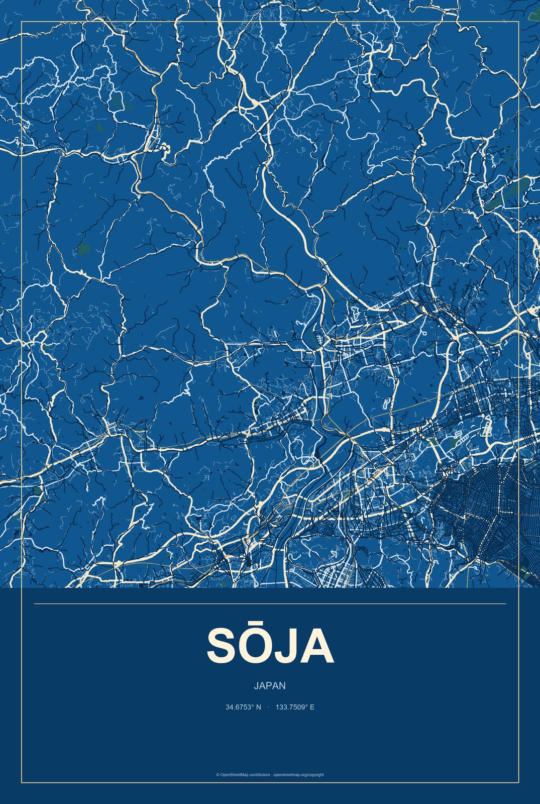Sōja, Japan City Map Aluminum Sign in Harbor Cobalt style