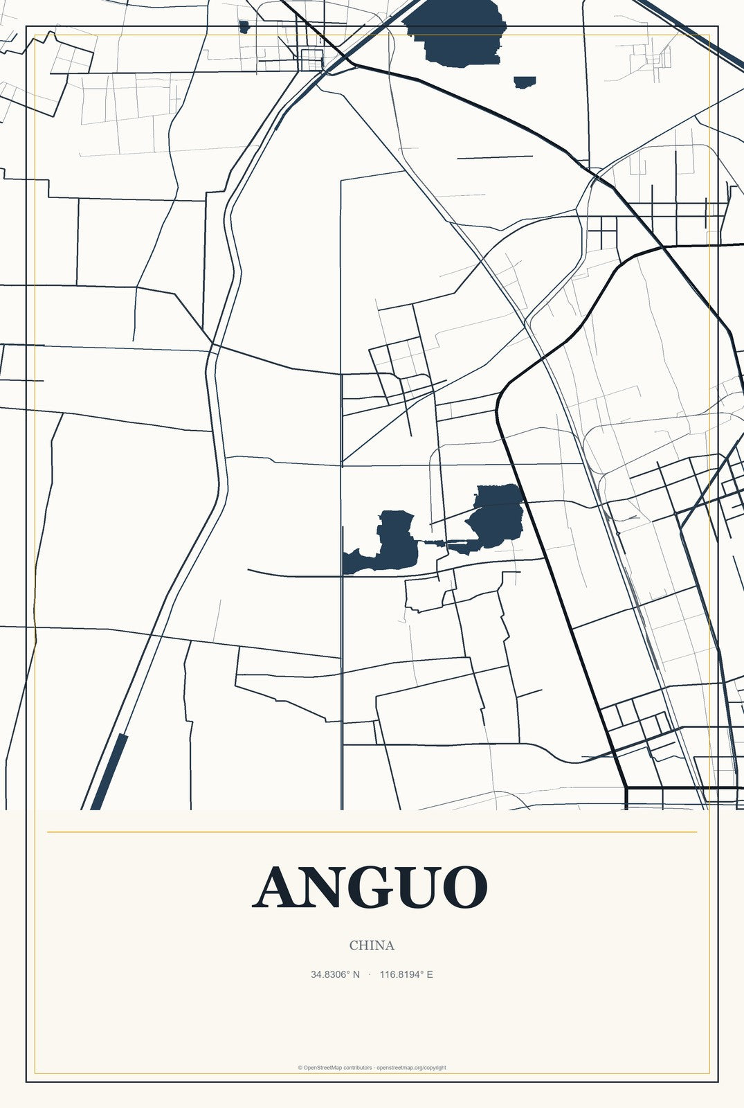 Anguo, China City Map Aluminum Sign in Citrine Modern style