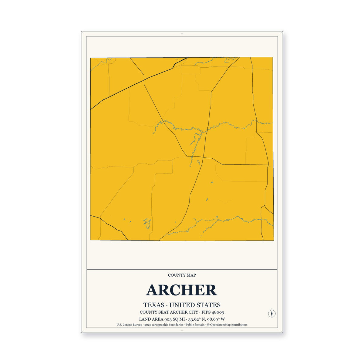 Archer County, Texas Map Aluminum Sign in Citrine Modern style