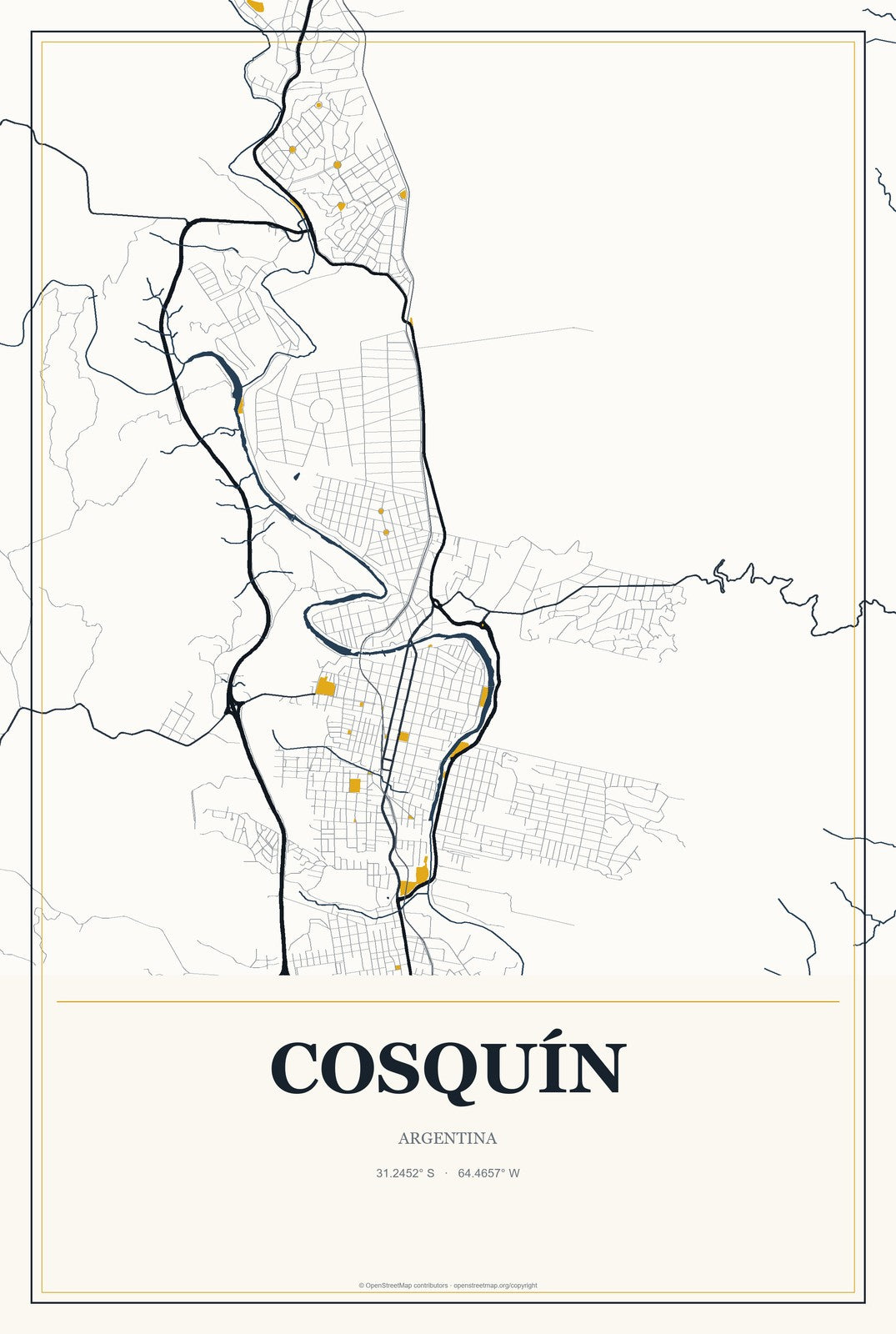 Cosquín, Argentina City Map Aluminum Sign in Citrine Modern style