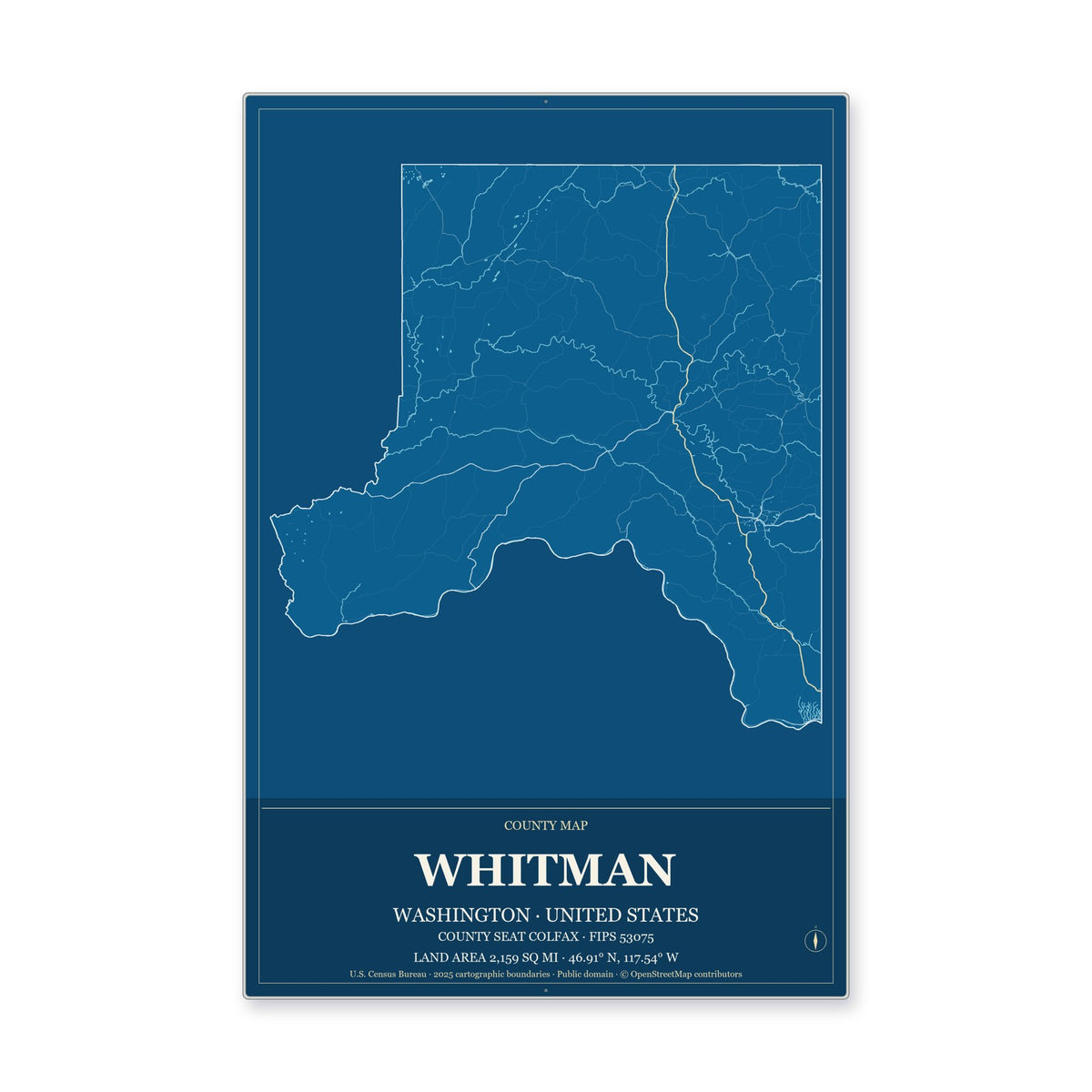 Whitman County, Washington Map Aluminum Sign in Harbor Cobalt style