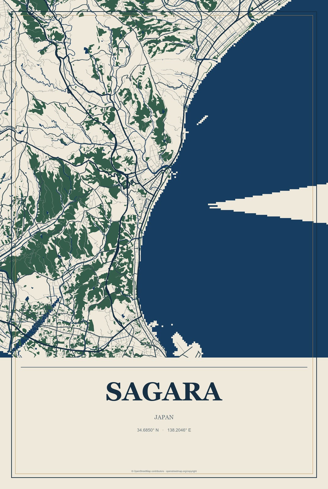 Sagara, Japan City Map Aluminum Sign in Coastal Cutout style