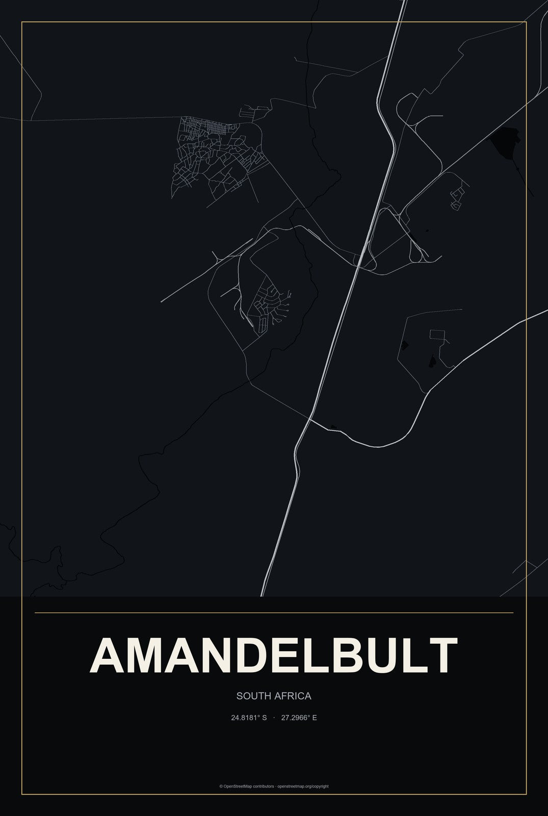 Amandelbult, South Africa City Map Aluminum Sign in Metropolitan Noir style