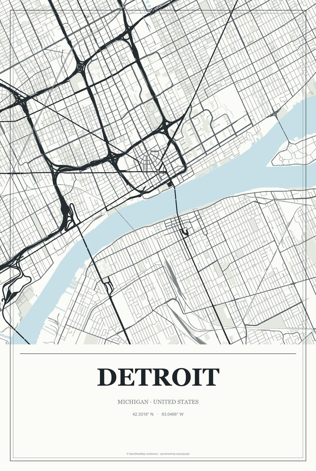 Detroit, Michigan City Map Aluminum Sign in Gallery Air style