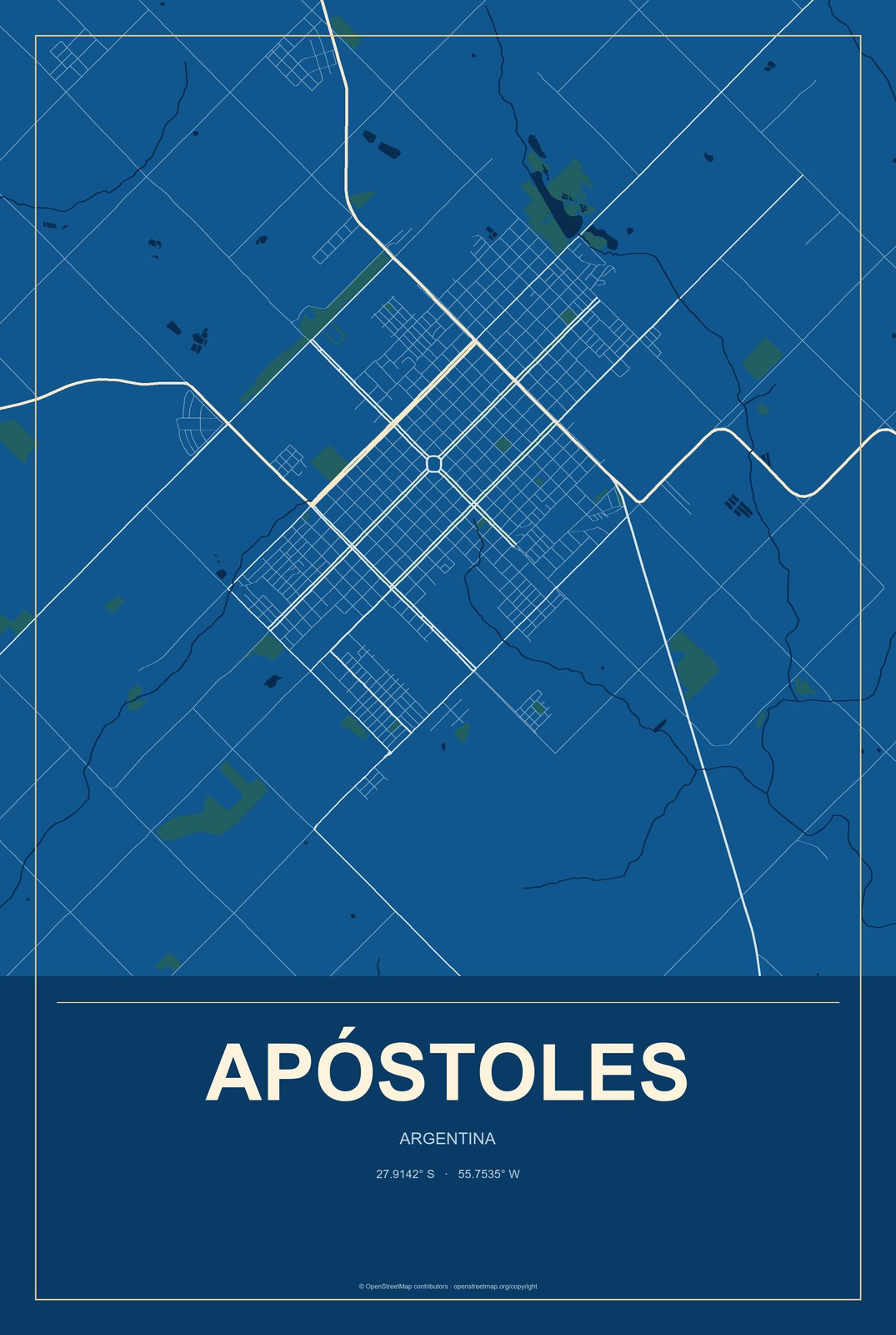 Apóstoles, Argentina City Map Aluminum Sign in Harbor Cobalt style