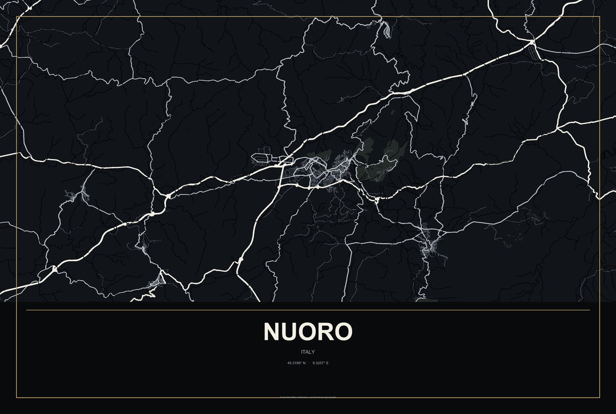 Nuoro, Italy City Map Aluminum Sign in Metropolitan Noir style