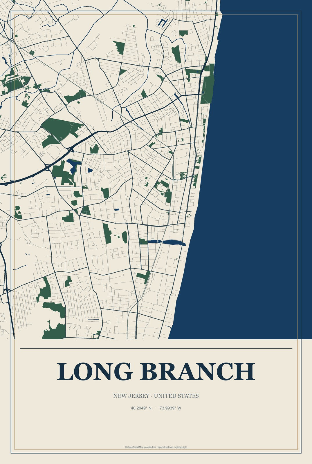 Long Branch, New Jersey City Map Aluminum Sign in Coastal Cutout style