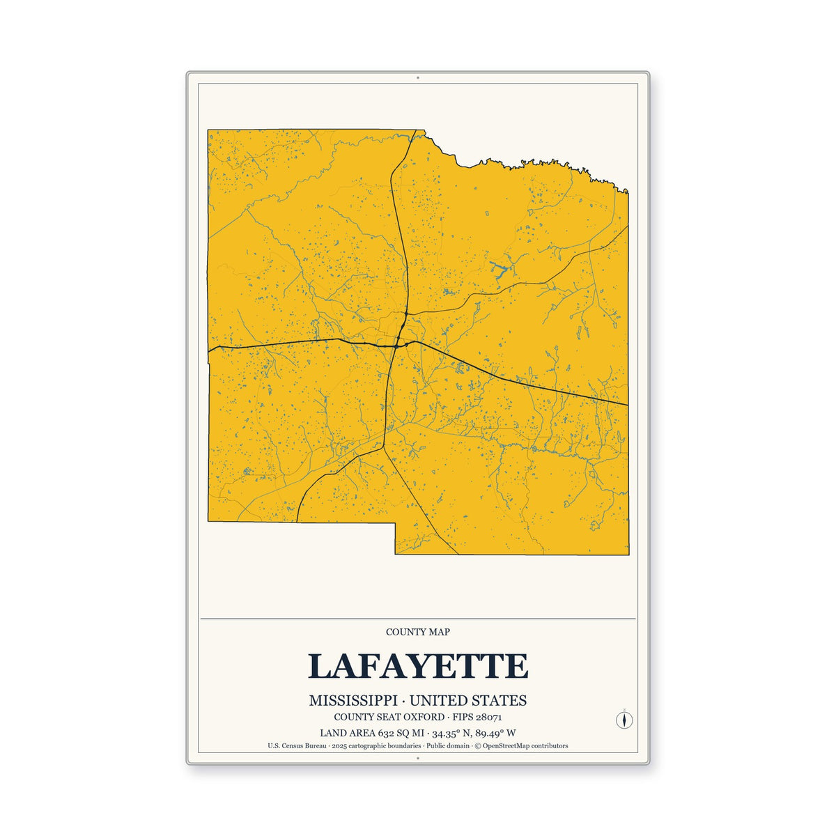 Lafayette County, Mississippi Map Aluminum Sign in Citrine Modern style
