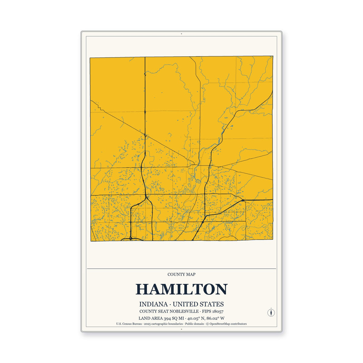Hamilton County, Indiana Map Aluminum Sign in Citrine Modern style