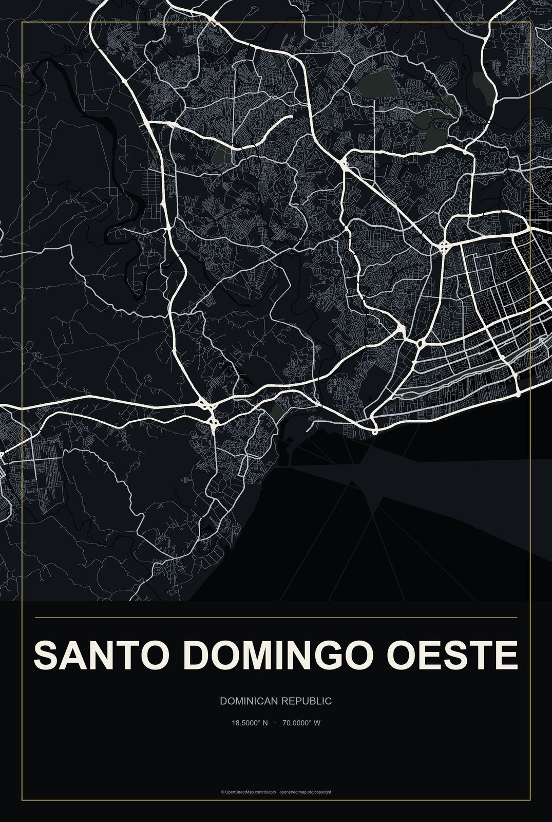 Santo Domingo Oeste, Dominican Republic City Map Aluminum Sign in Metropolitan Noir style