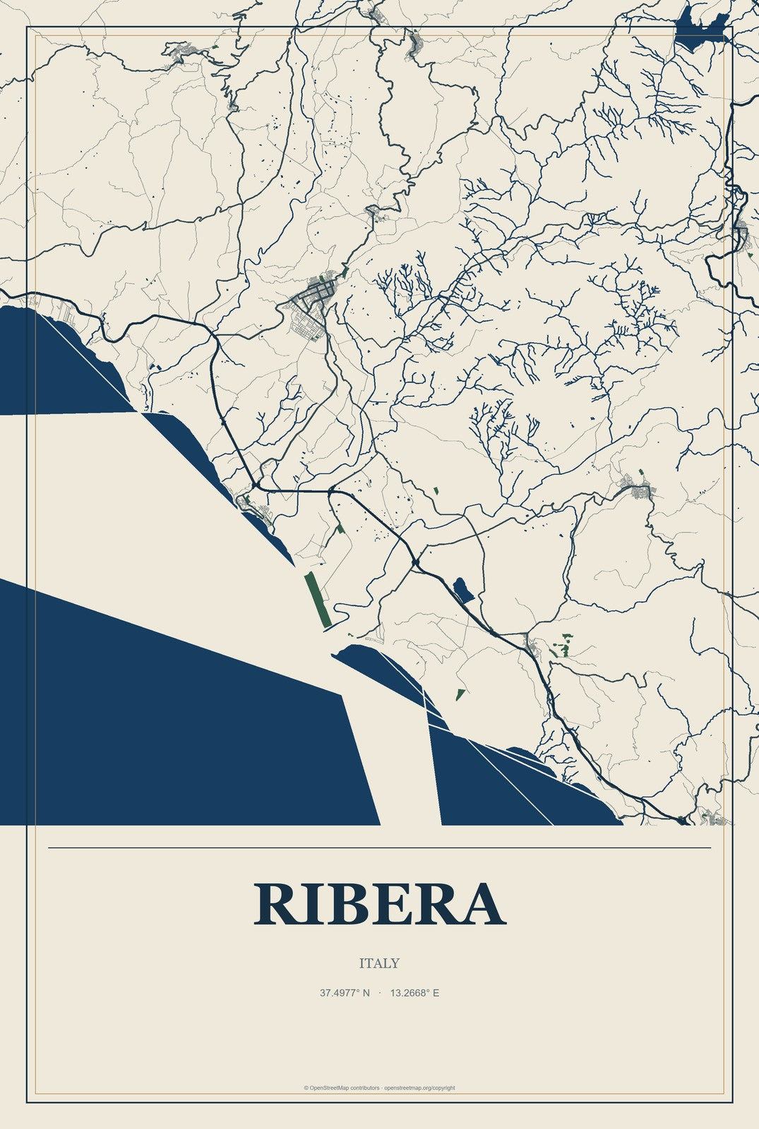 Ribera, Italy City Map Aluminum Sign in Coastal Cutout style