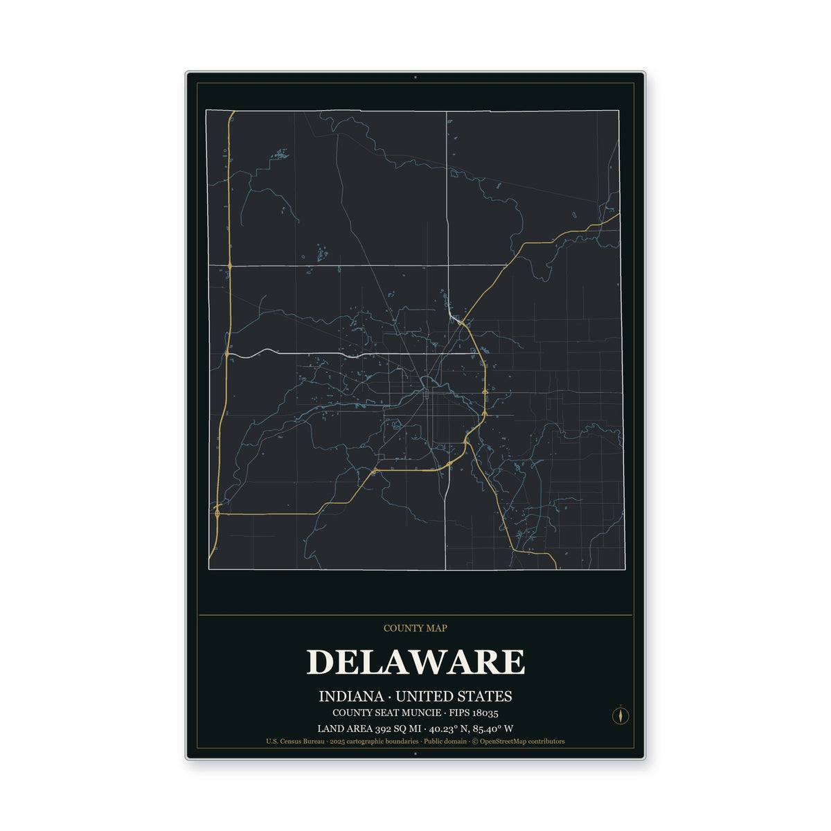 Delaware County, Indiana Map Aluminum Sign in Metropolitan Noir style