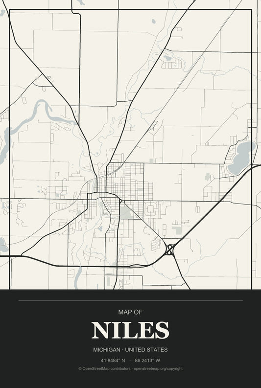 Niles, Michigan City Map Aluminum Sign in Museum Plaque style