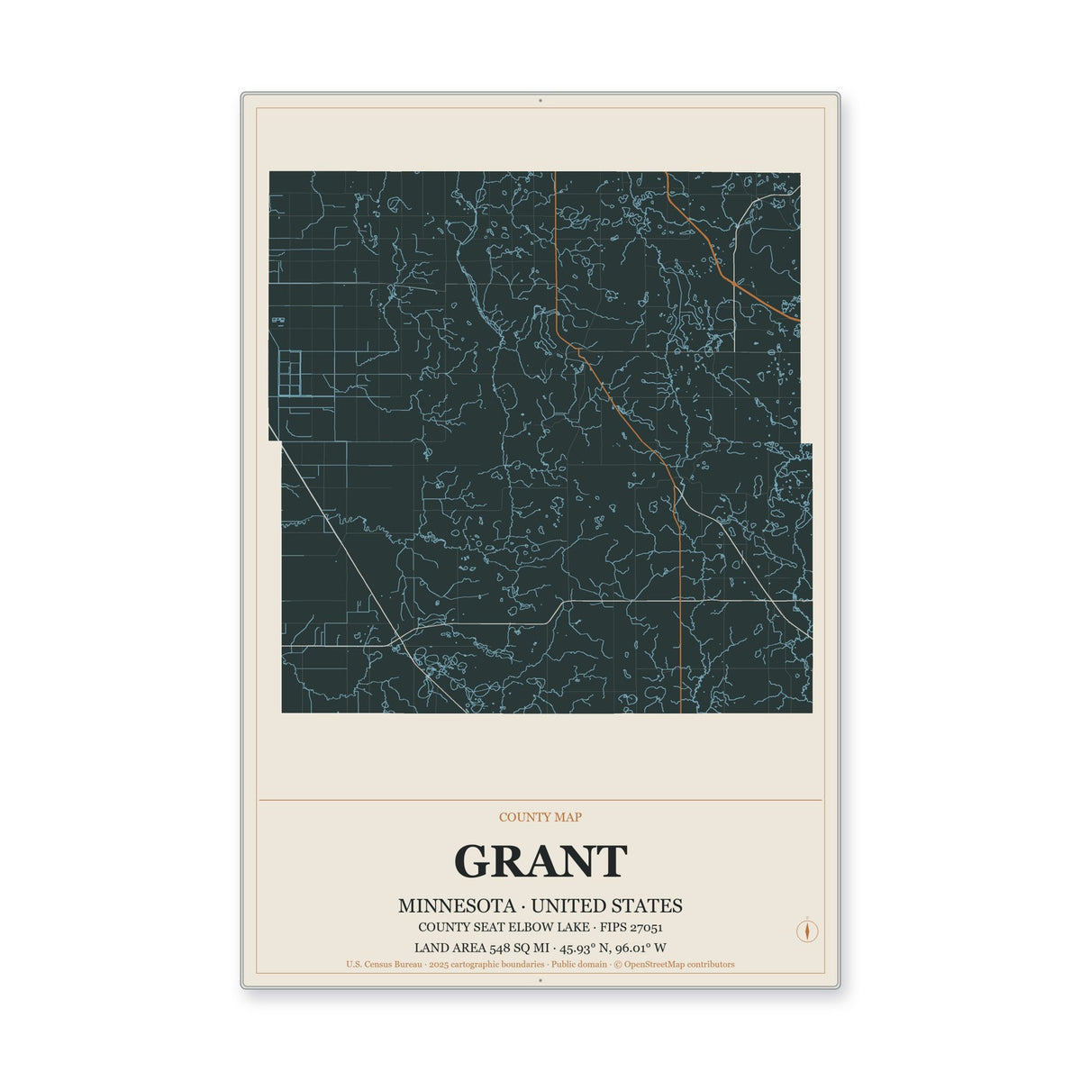 Grant County, Minnesota Map Aluminum Sign in Headline Atlas style