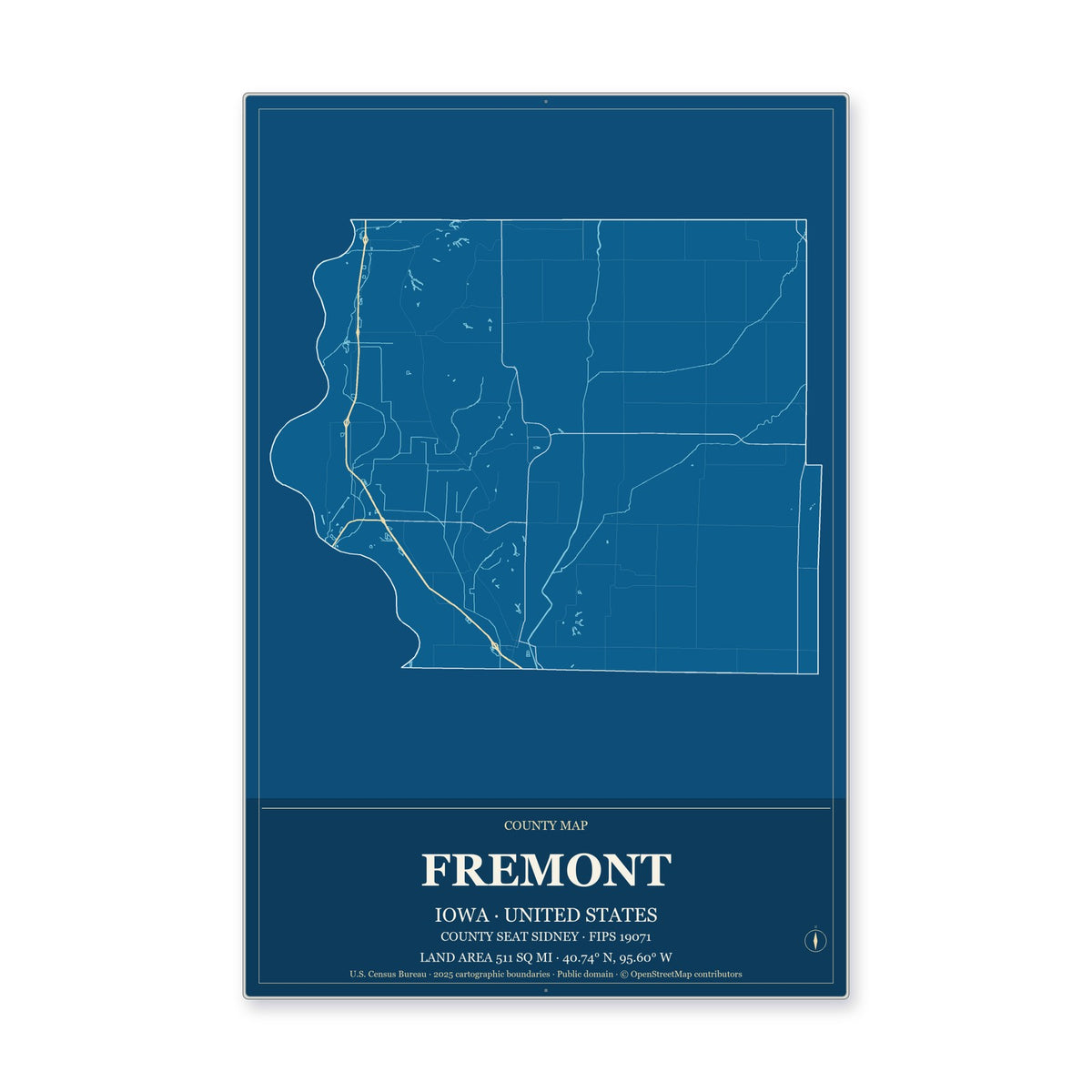 Fremont County, Iowa Map Aluminum Sign in Harbor Cobalt style