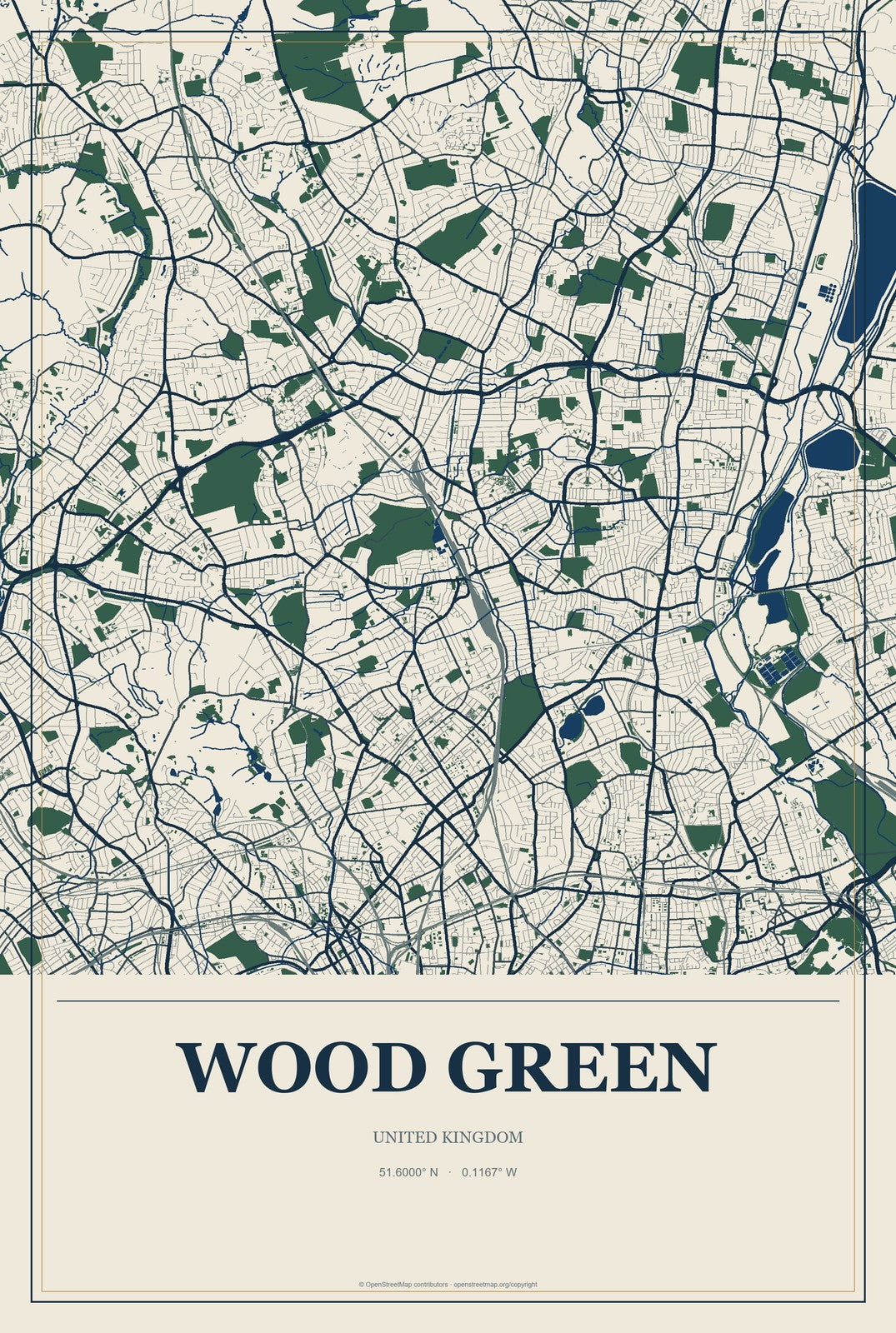 Wood Green, United Kingdom City Map Aluminum Sign in Coastal Cutout style