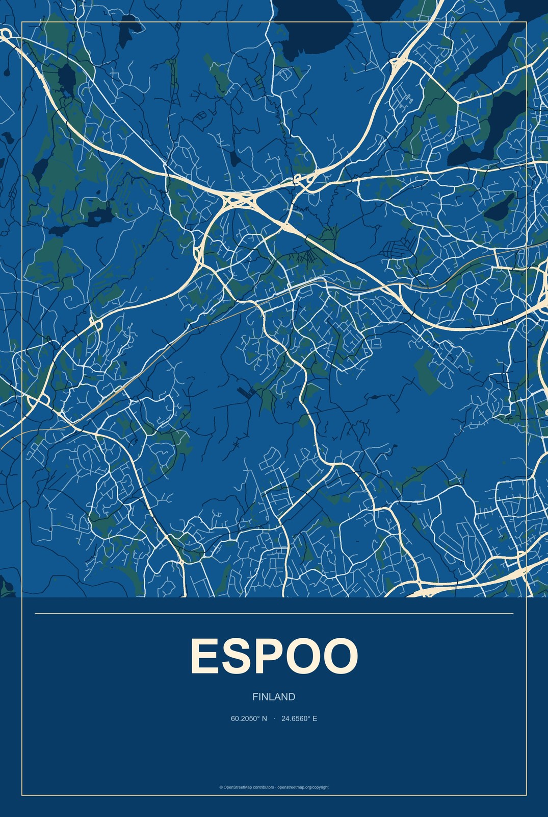 Espoo, Finland City Map Aluminum Sign in Harbor Cobalt style