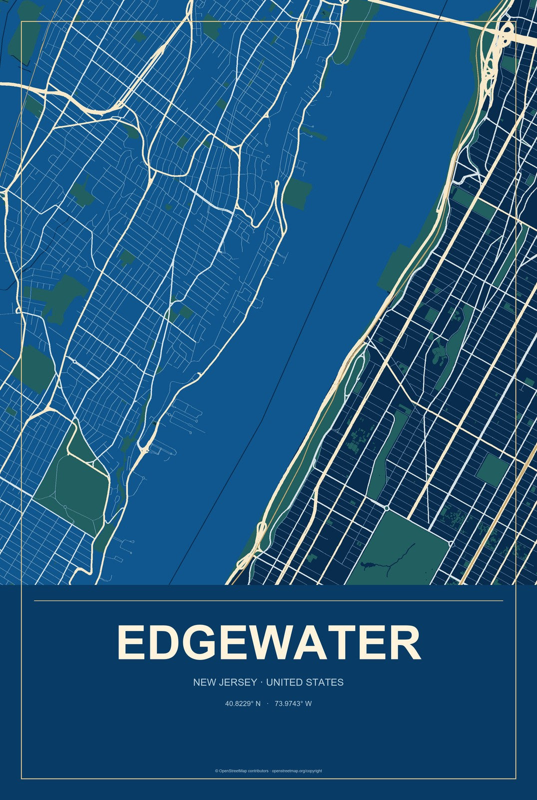 Edgewater, New Jersey City Map Aluminum Sign in Harbor Cobalt style