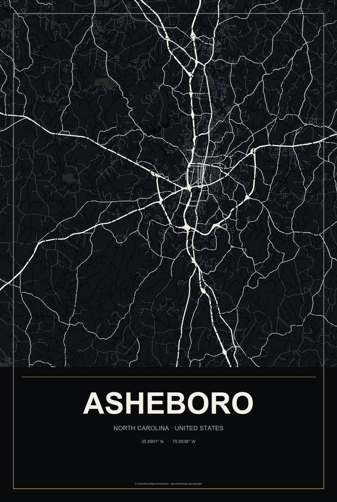 Asheboro, North Carolina City Map Aluminum Sign in Metropolitan Noir style
