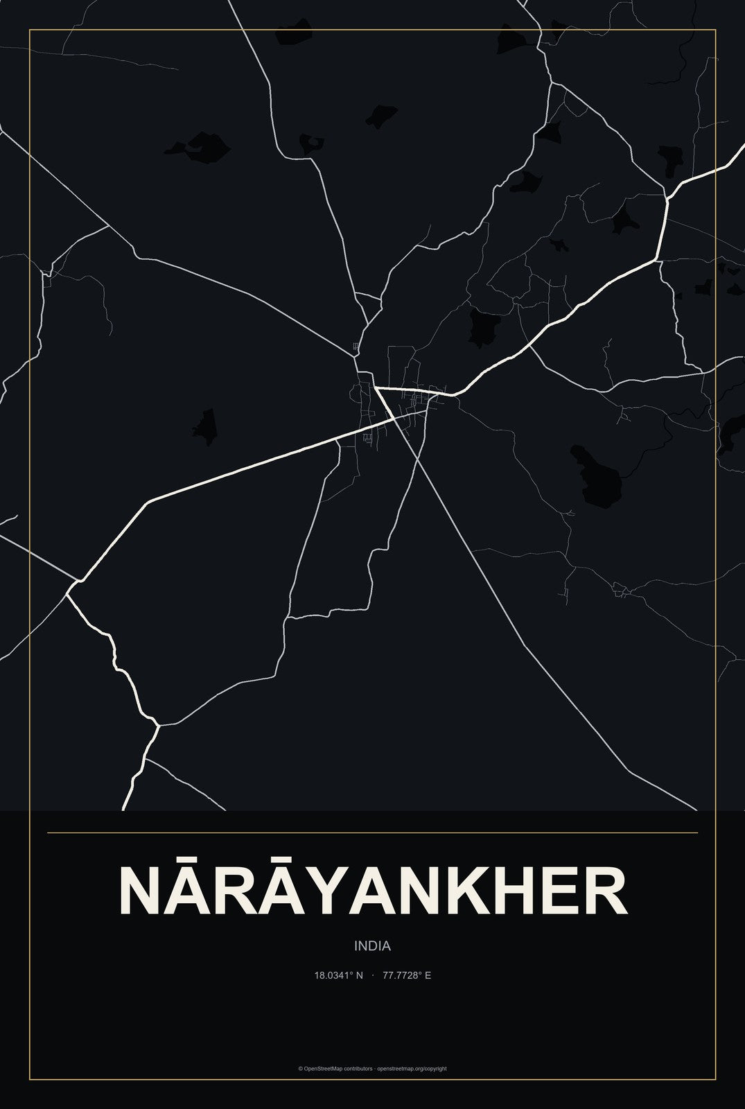 Nārāyankher, India City Map Aluminum Sign in Metropolitan Noir style