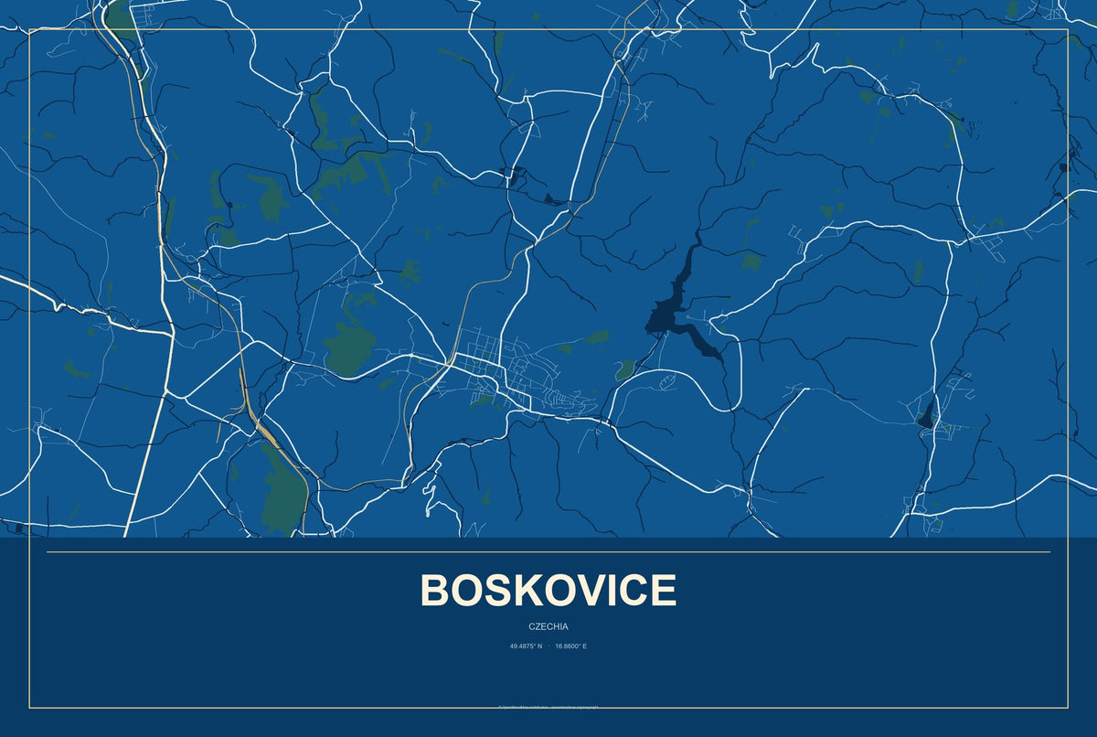 Boskovice, Czechia City Map Aluminum Sign in Harbor Cobalt style