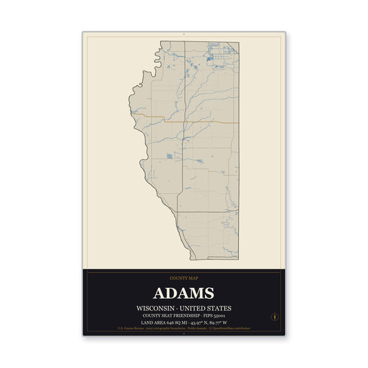 Adams County, Wisconsin Map Aluminum Sign in Museum Plaque style