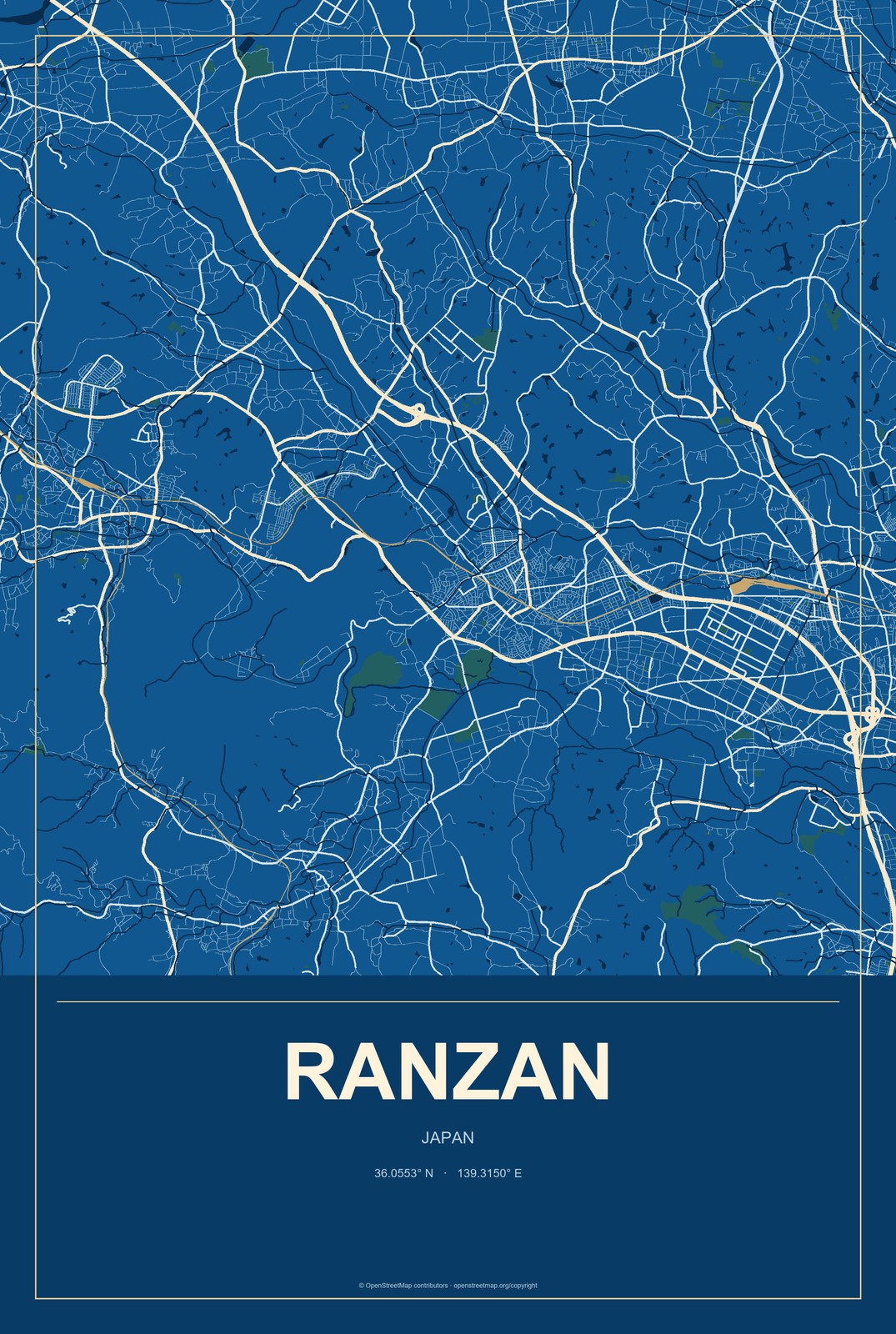 Ranzan, Japan City Map Aluminum Sign in Harbor Cobalt style