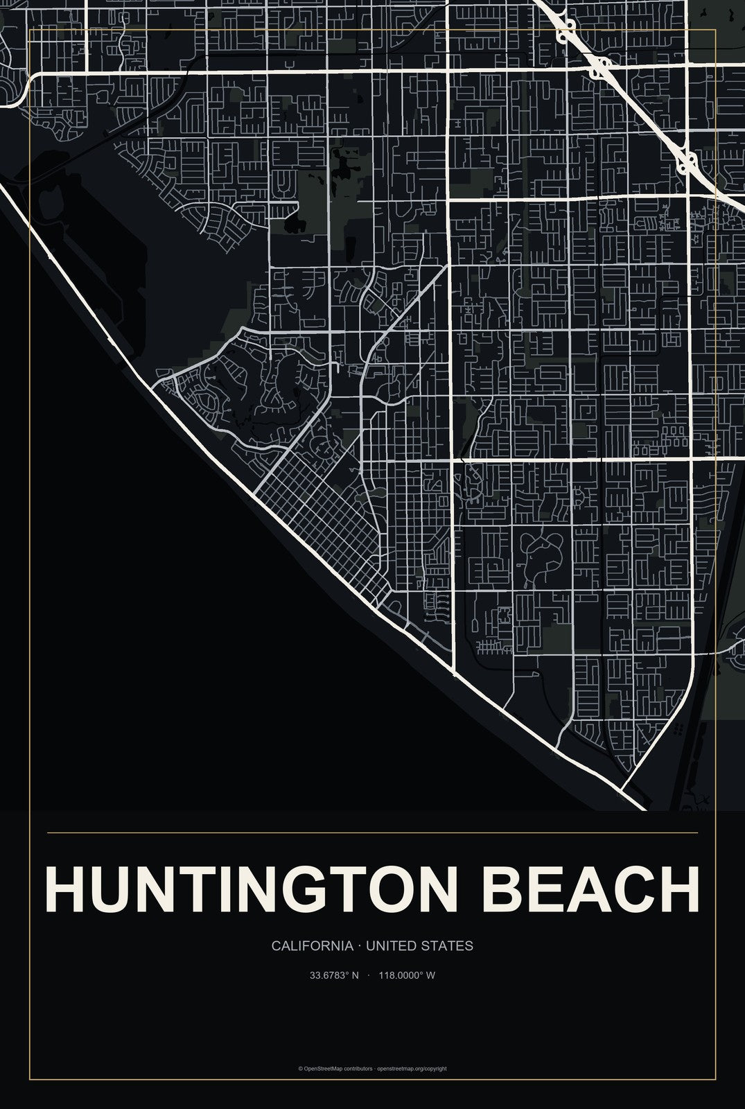 Huntington Beach, California City Map Aluminum Sign in Metropolitan Noir style