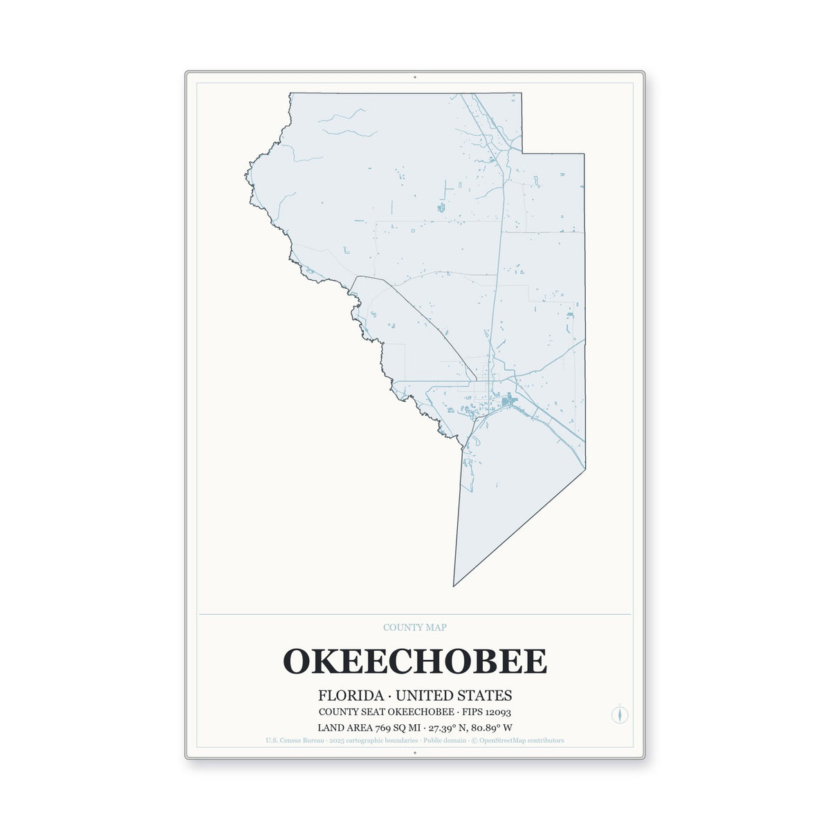 Okeechobee County, Florida Map Aluminum Sign in Gallery Air style