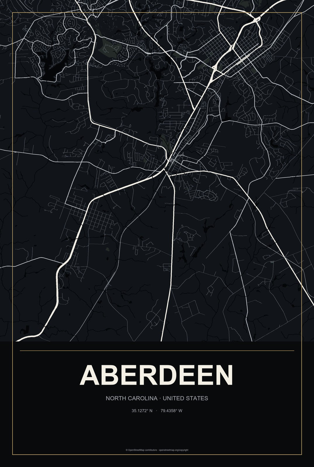 Aberdeen, North Carolina City Map Aluminum Sign in Metropolitan Noir style