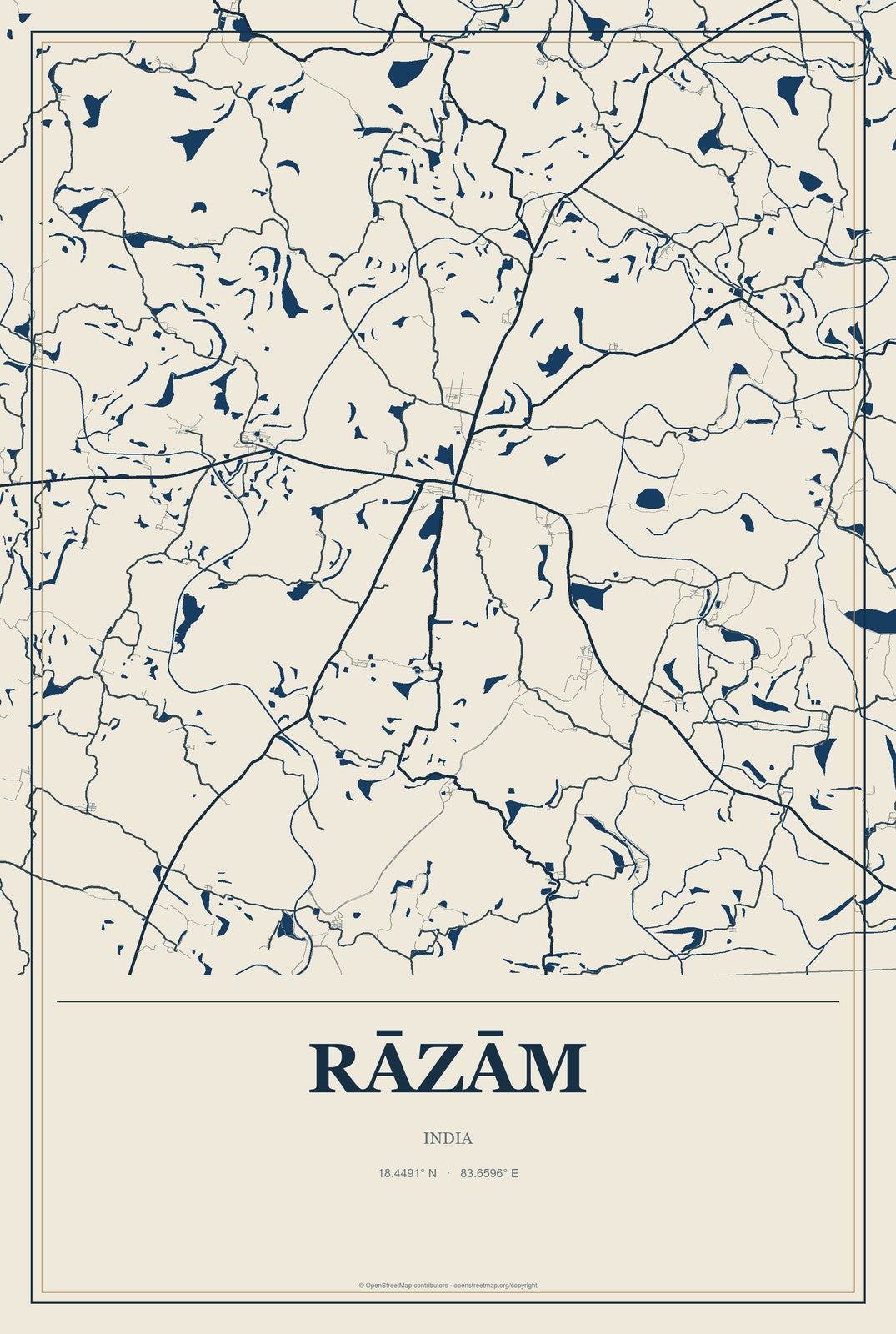 Rāzām, India City Map Aluminum Sign in Coastal Cutout style
