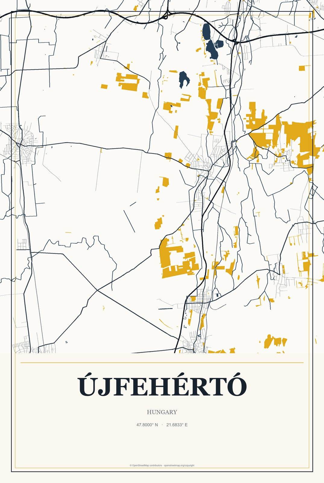 Újfehértó, Hungary City Map Aluminum Sign in Citrine Modern style