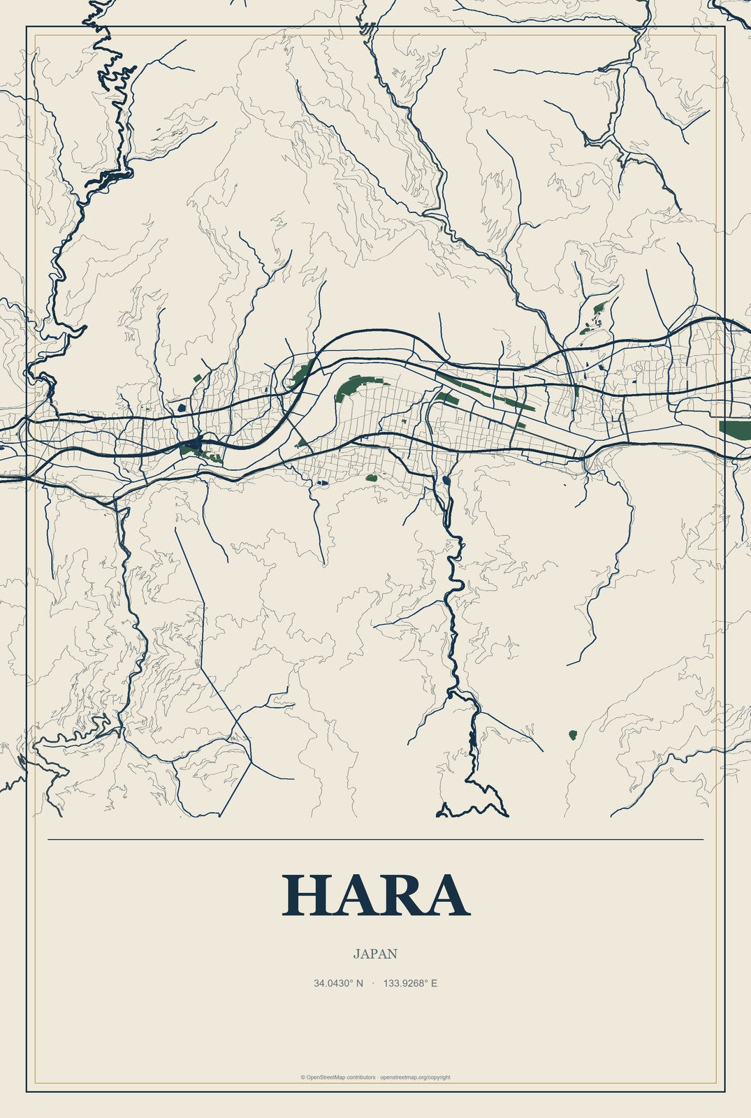 Hara, Japan City Map Aluminum Sign in Coastal Cutout style