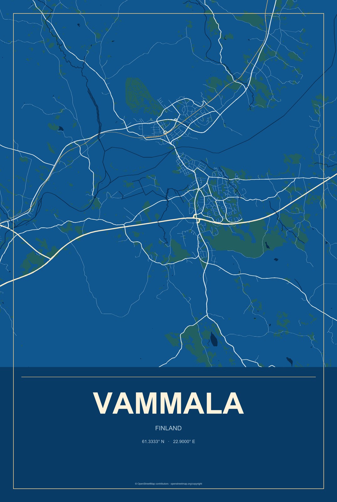 Vammala, Finland City Map Aluminum Sign in Harbor Cobalt style