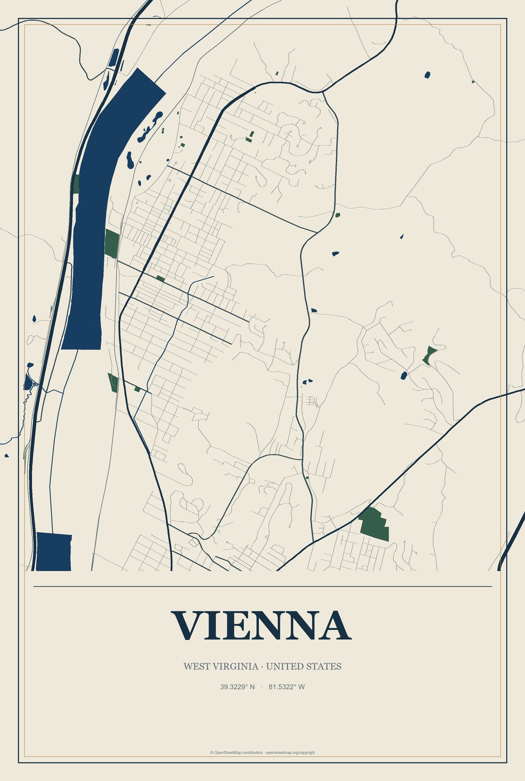 Vienna, West Virginia City Map Aluminum Sign in Coastal Cutout style