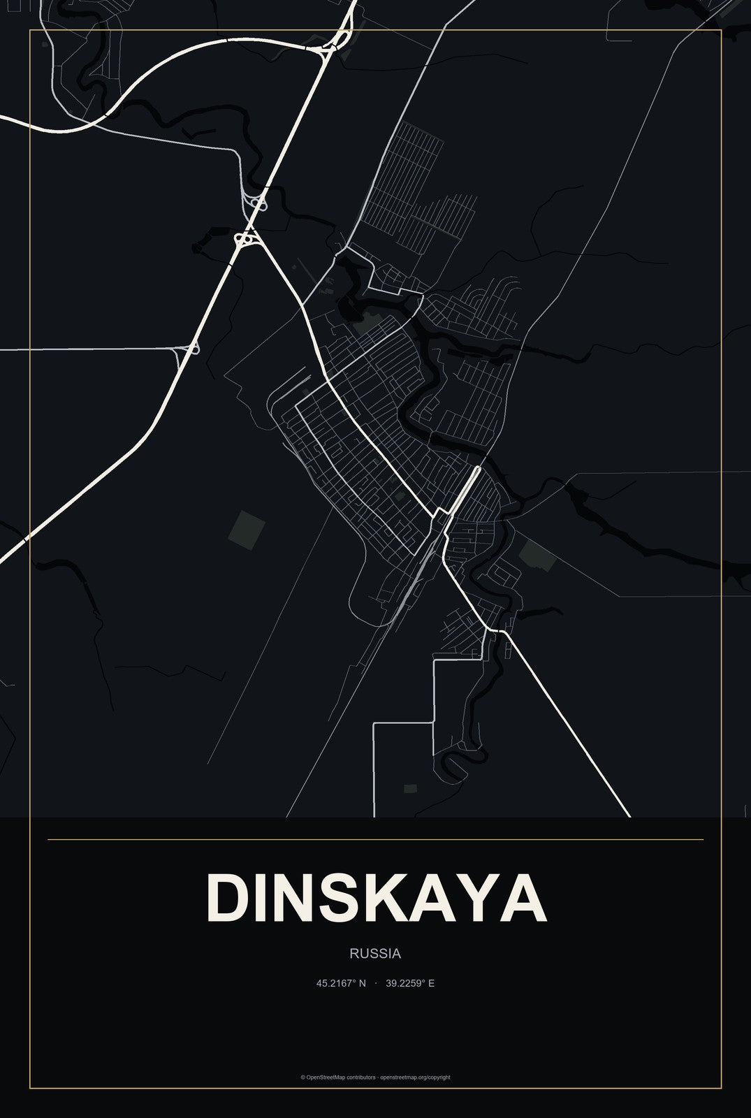 Dinskaya, Russia City Map Aluminum Sign in Metropolitan Noir style