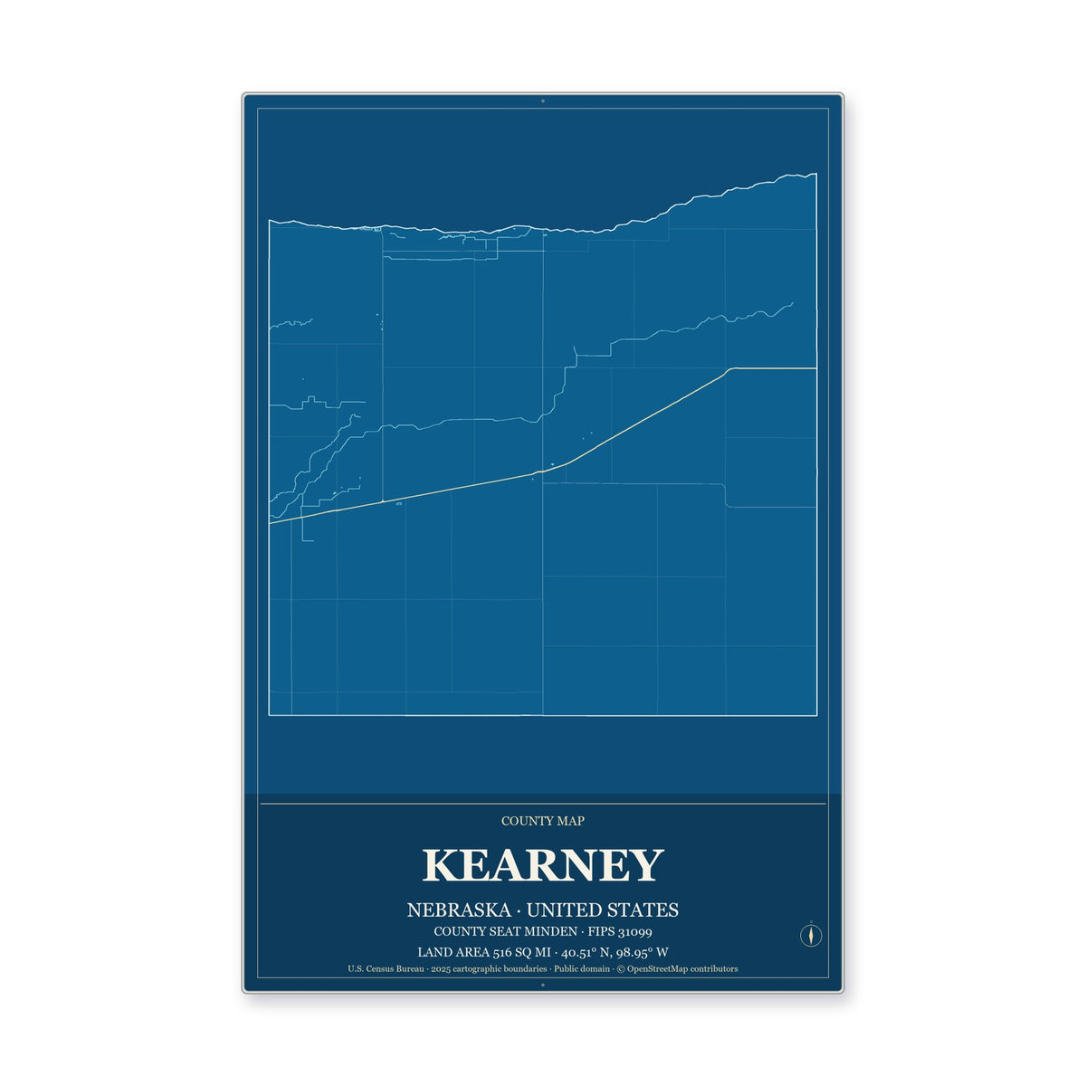 Kearney County, Nebraska Map Aluminum Sign in Harbor Cobalt style