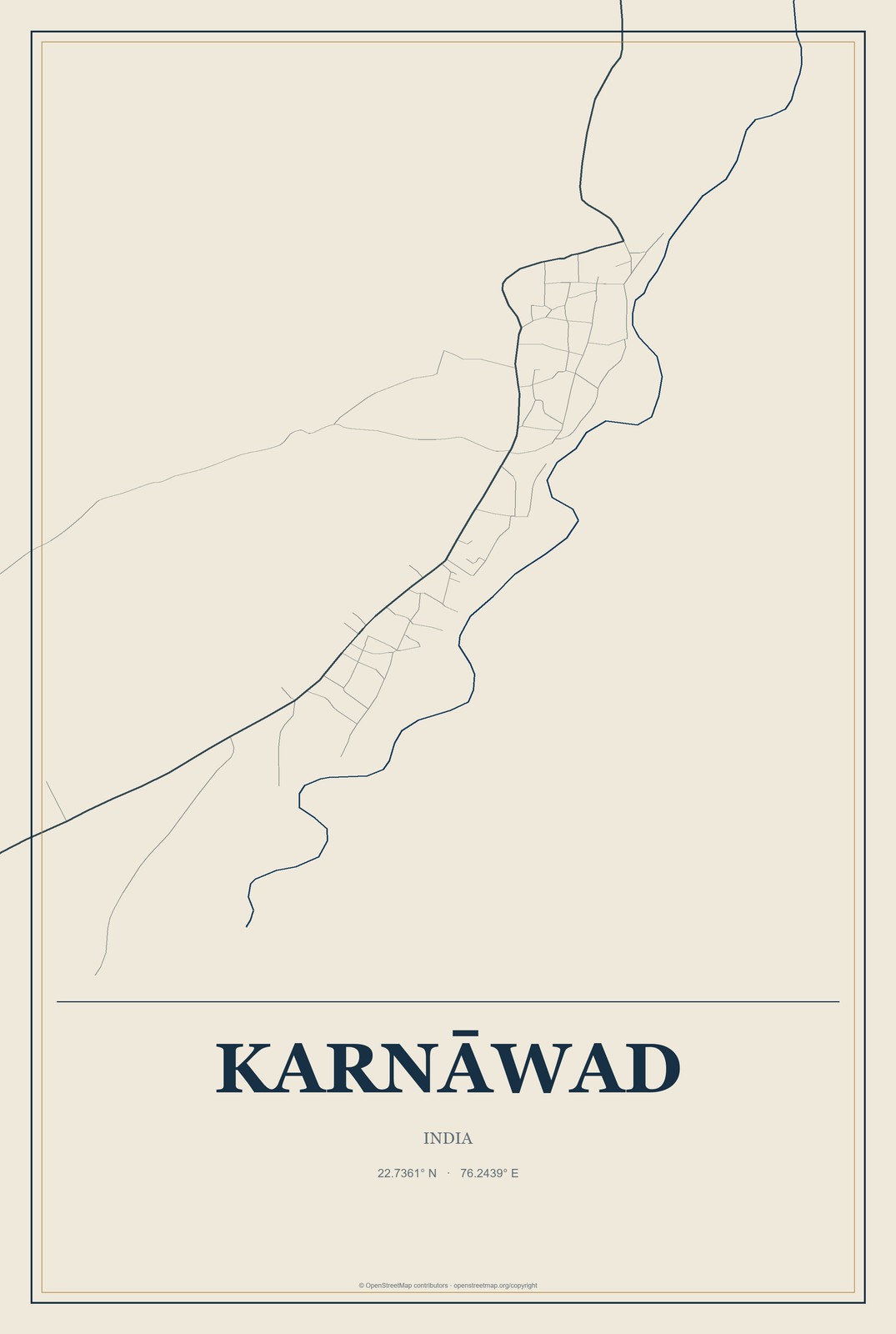 Karnāwad, India City Map Aluminum Sign in Coastal Cutout style