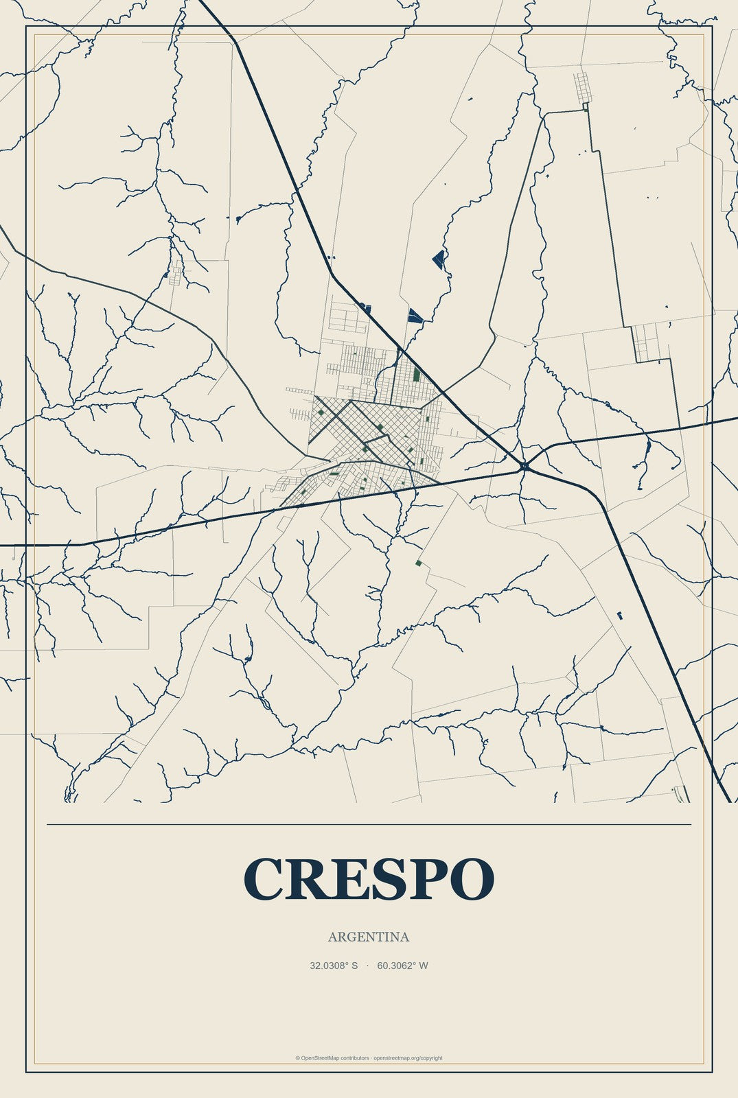 Crespo, Argentina City Map Aluminum Sign in Coastal Cutout style