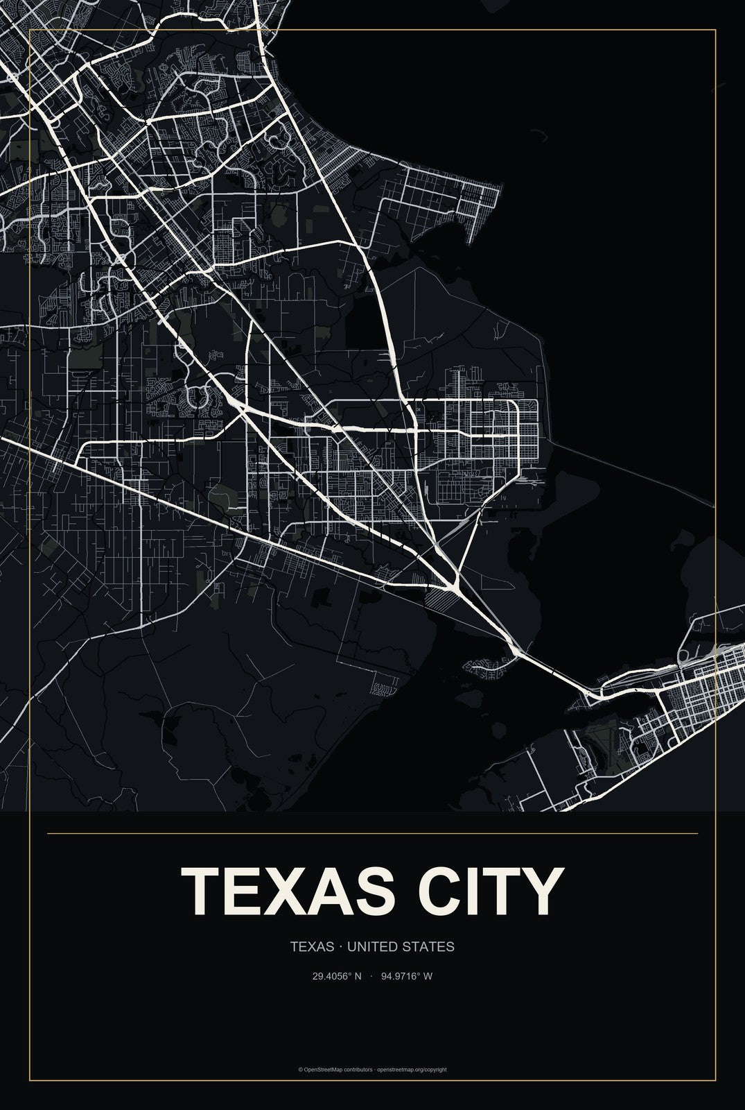Texas City, Texas City Map Aluminum Sign in Metropolitan Noir style