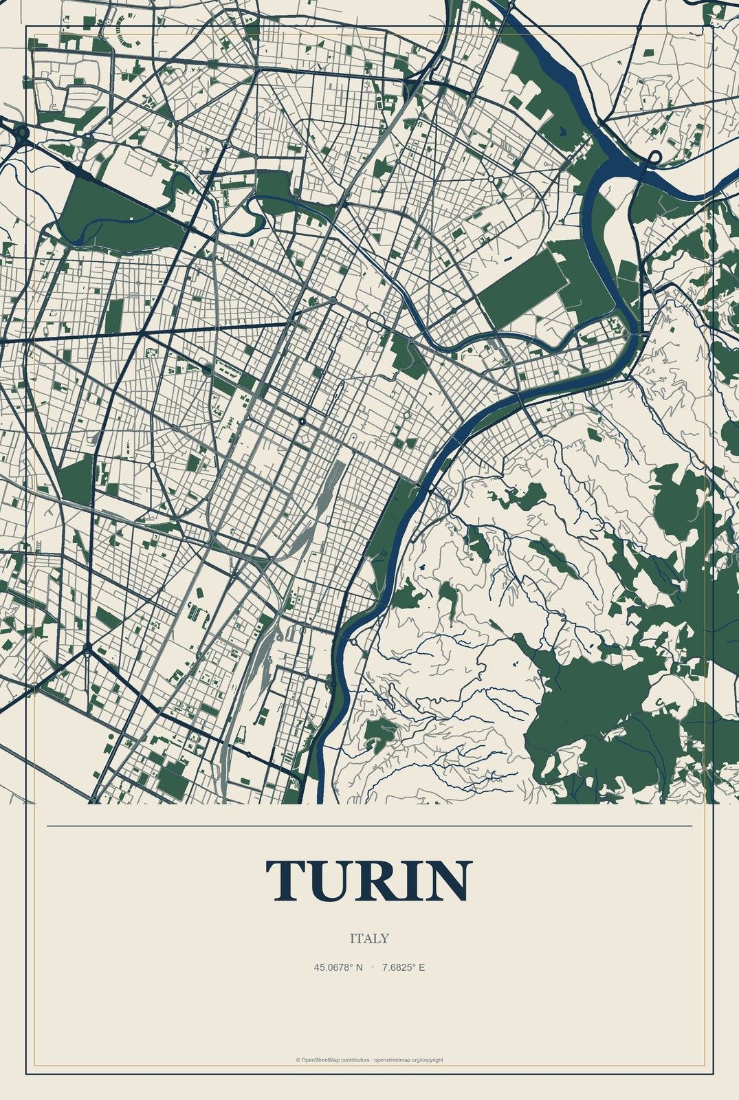 Turin, Italy City Map Aluminum Sign in Coastal Cutout style