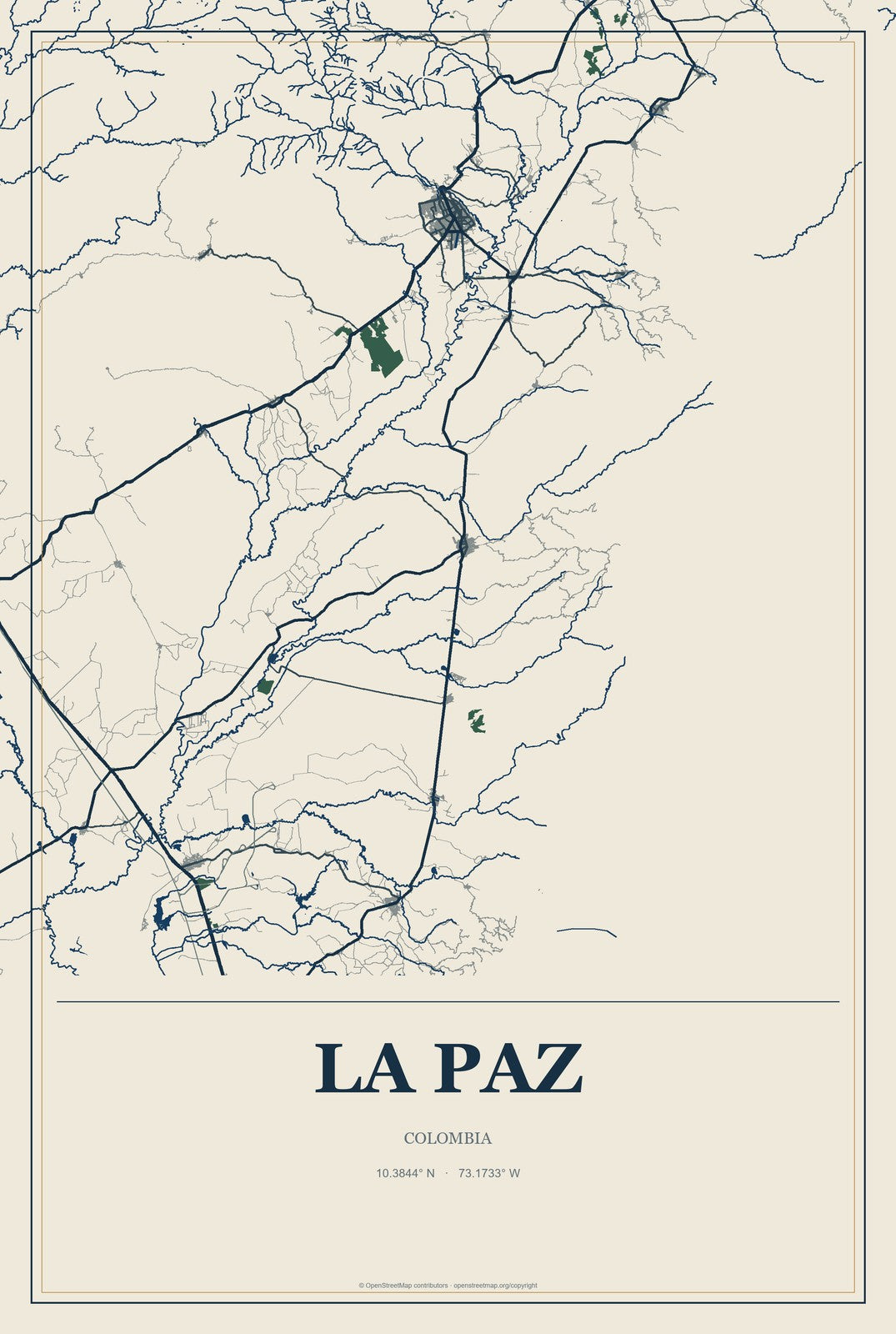 La Paz, Colombia City Map Aluminum Sign in Coastal Cutout style