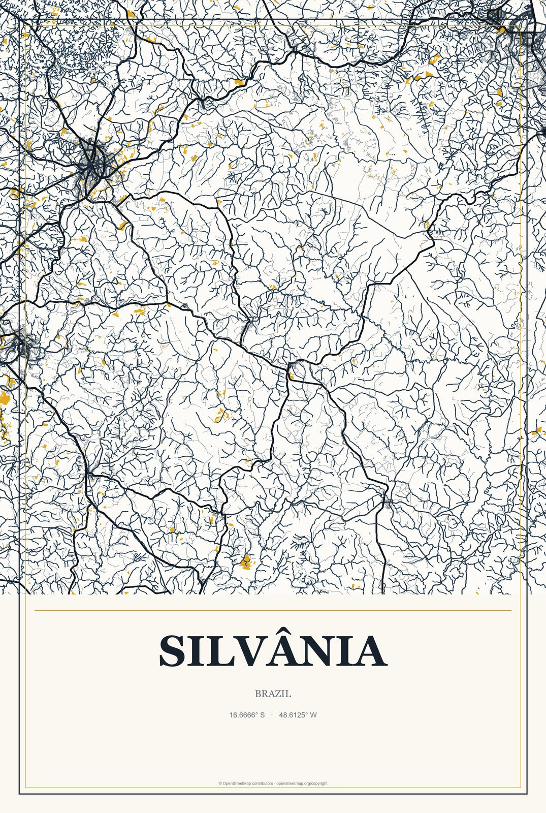 Silvânia, Brazil City Map Aluminum Sign in Citrine Modern style