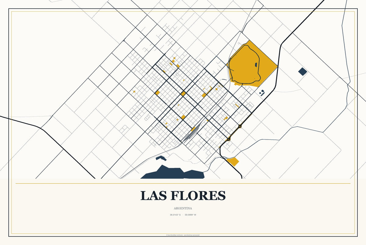 Las Flores, Argentina City Map Aluminum Sign in Citrine Modern style